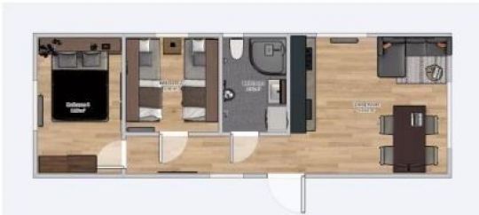 Planta da casa 3,5m x 10m com móveis - Sala de estar com cozinha, Banheiro, 2 Quartos<br />
<br />
